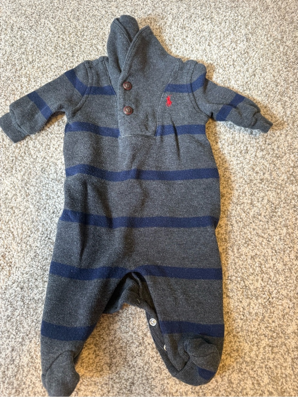 Ralph Lauren Gray & Navy Striped Hooded Footie with Red Polo Logo